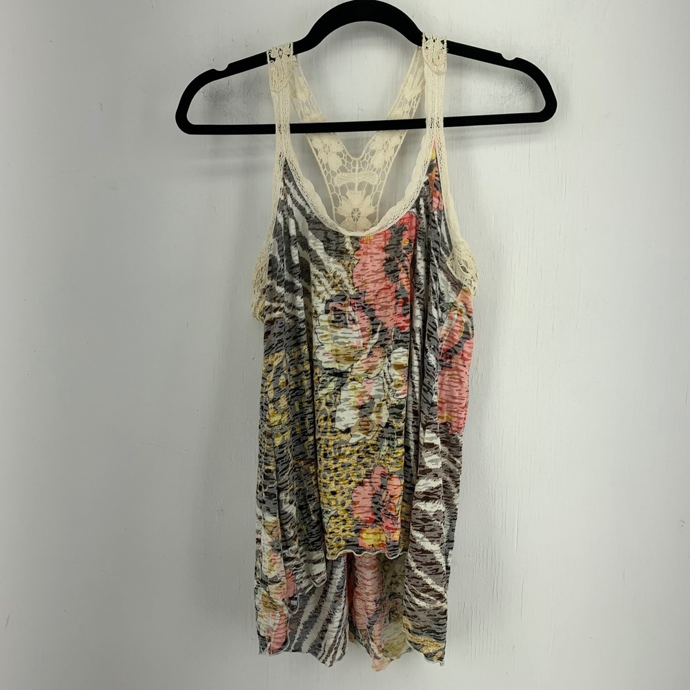 Floral Animal Print Lace Racerback Tank Top High Low Multicolor Boho Sleeveless
